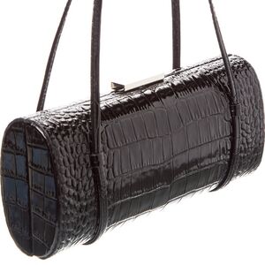 Michael Kors Collection Natalie Double Strap Croc-Embossed Patent Barrel Bag